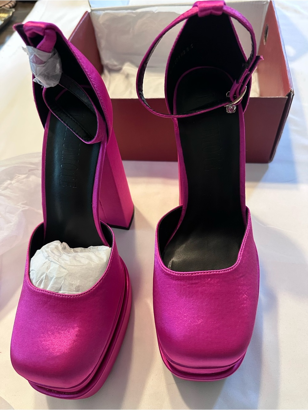 Platform Ankle-Strap Block Heel in Hot Pink